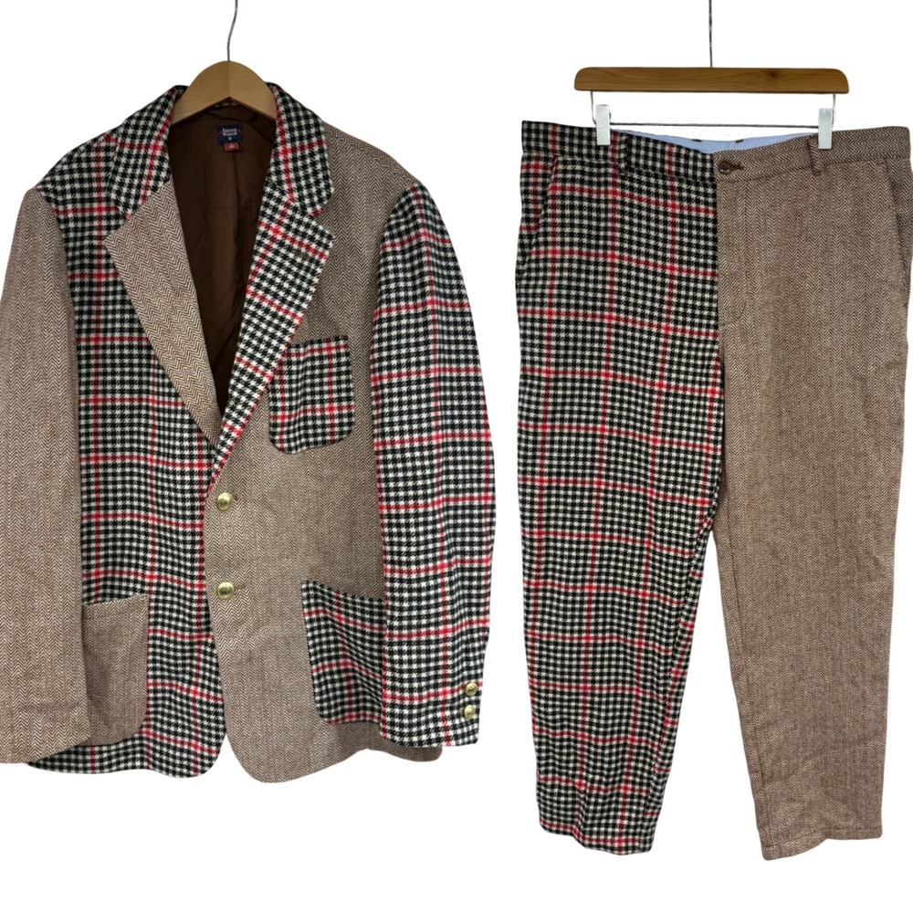 Rowing Blazers x Target Mens Patchwork Suit XL Herringbone Plaid Brown Red 2pc